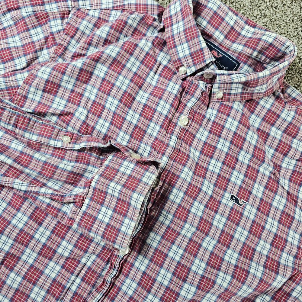 Vineyard Vines Shirt Mens Medium Red Tartan Plaid Slim Fit Whale Long Sleeve